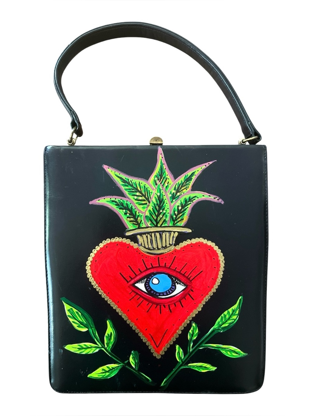 Vintage Black Hand-Painted Heart Eye Top-Handle Clutch